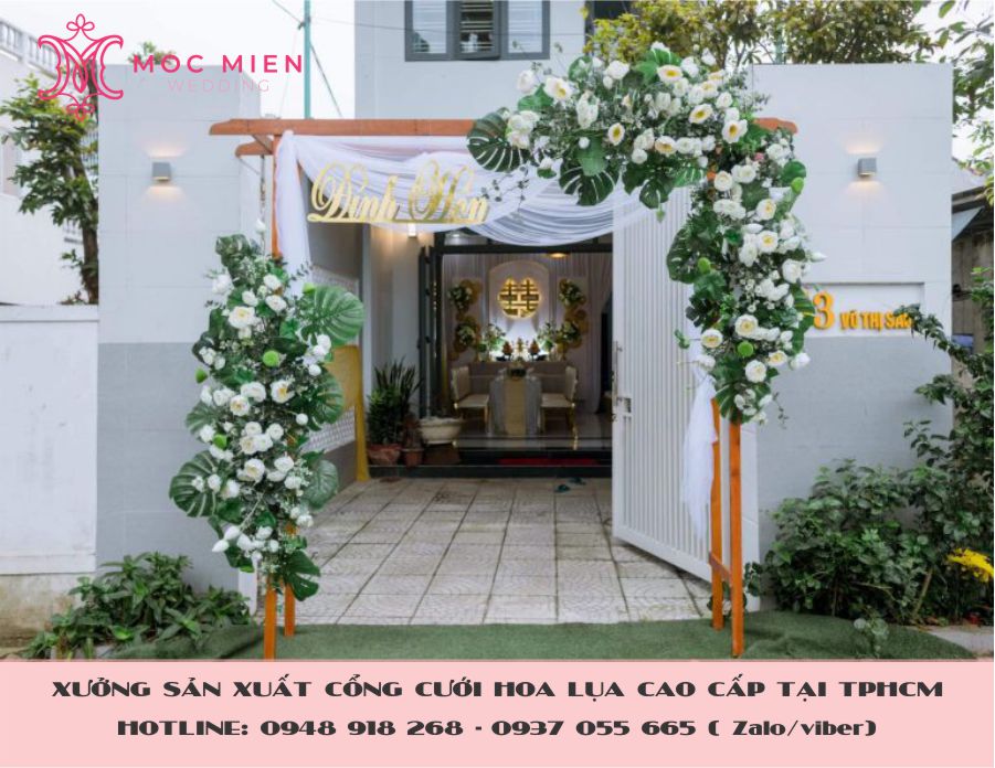 Cho thuê cổng hoa cưới: trang trí cổng cưới hoa lụa và trang trí cổng cưới hoa tươi.