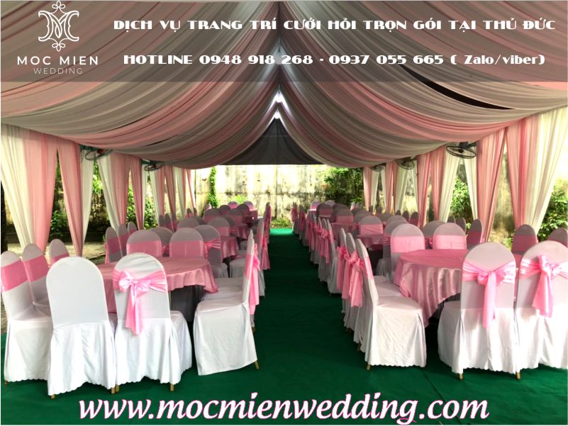 Khung rạp cưới đẹp trang trí trần - rèm che theo tông màu trắng - hồng tại tphcm