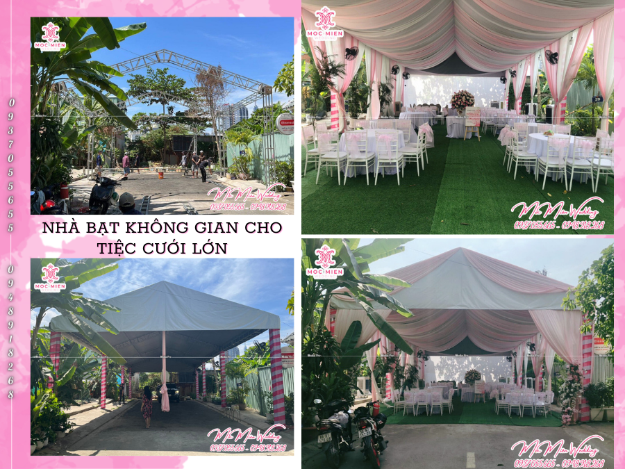 Trang trí rạp cưới cao cấp tông màu trắng hồng, rạp cưới sự kiện lớn