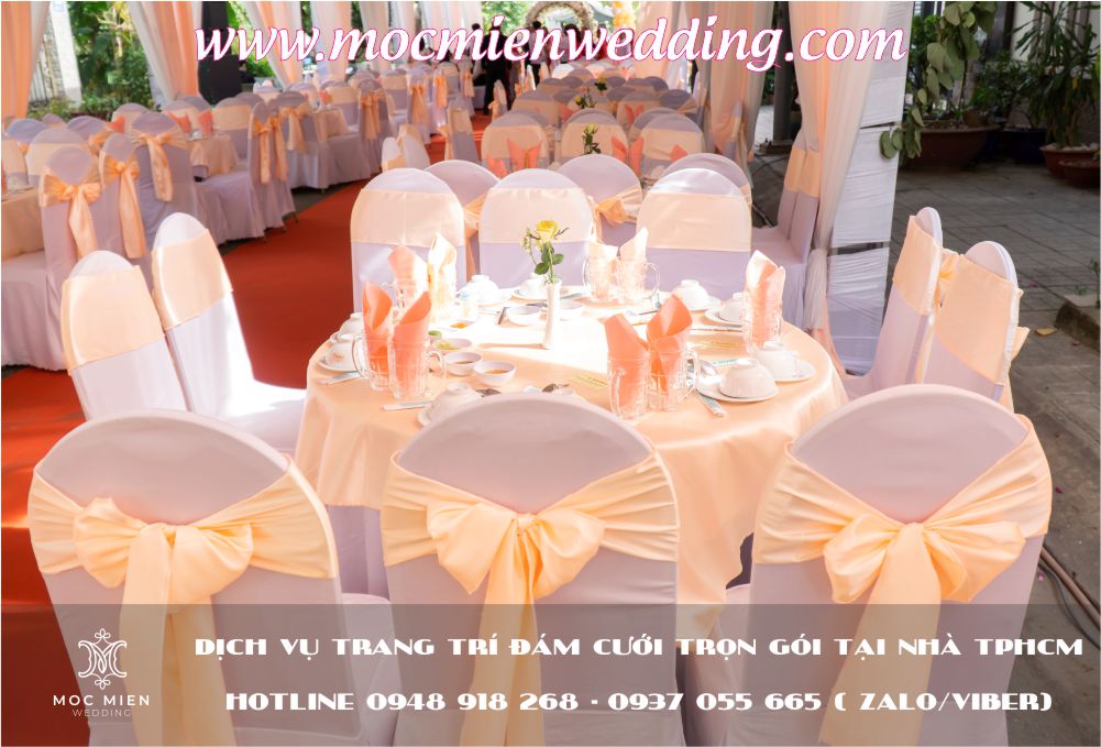 Cho thuê bộ bàn ghế đám cưới có lưng dựa, cột nơ màu cam sữa