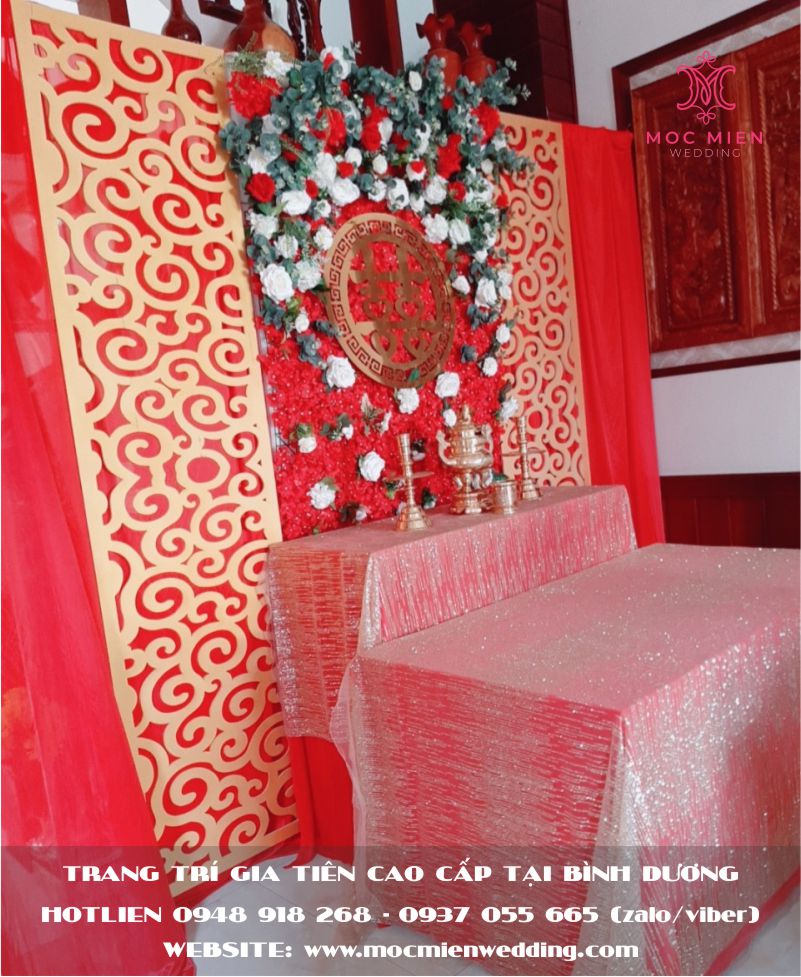 Trang trí bàn thờ gia tiên hoa lụa cao cấp cho đám cưới tại nhà Bình Dương