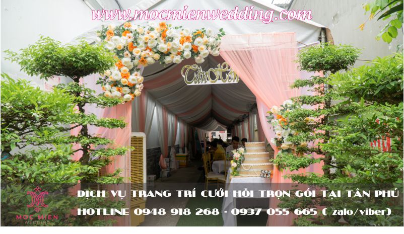 Dịch vụ cho thuê rạp cưới tại quận Tân Phú, rạp che 5 bộ bàn tiệc ĐẸP tông màu hồng dâu