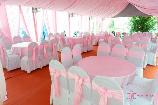 Bàn ghế nệm lưng dựa tone hồng ăn tiệc